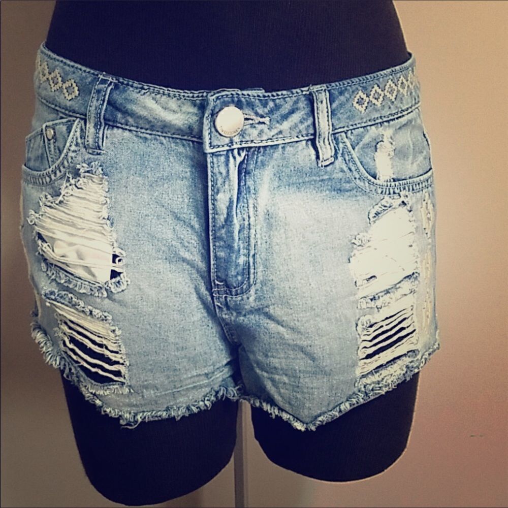 Tinseltown Denim Couture Blue Distress Jean Shorts
